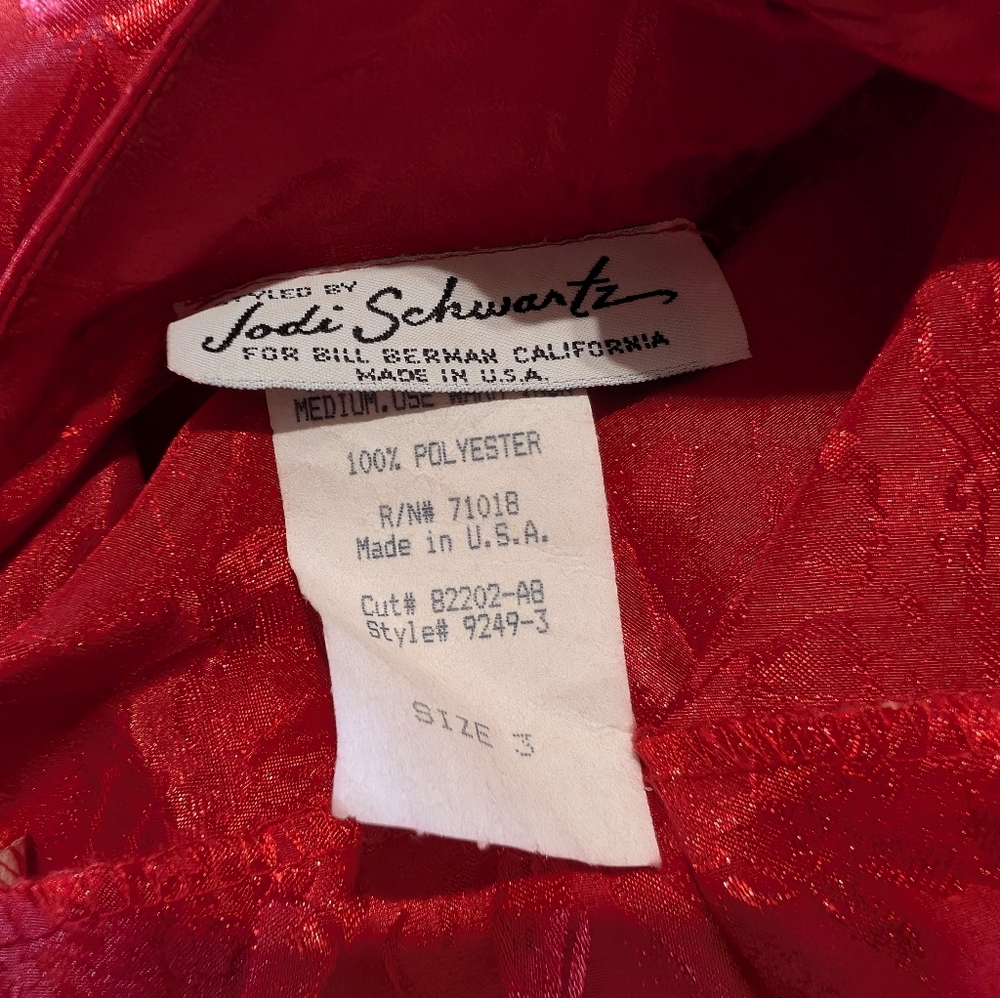 80s Vintage Jodi Schwartz Satin Peplum Ruched Waist Button Back Dress Size 3 - Picture 10 of 14